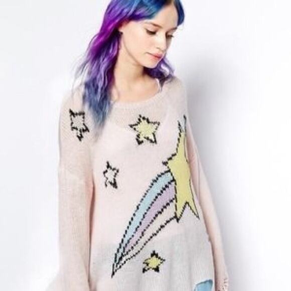 WILDFOX Womens Shooting Star Distressed Pink Knit Lennon Tunic Sweater Size XS - Picture 2 of 8